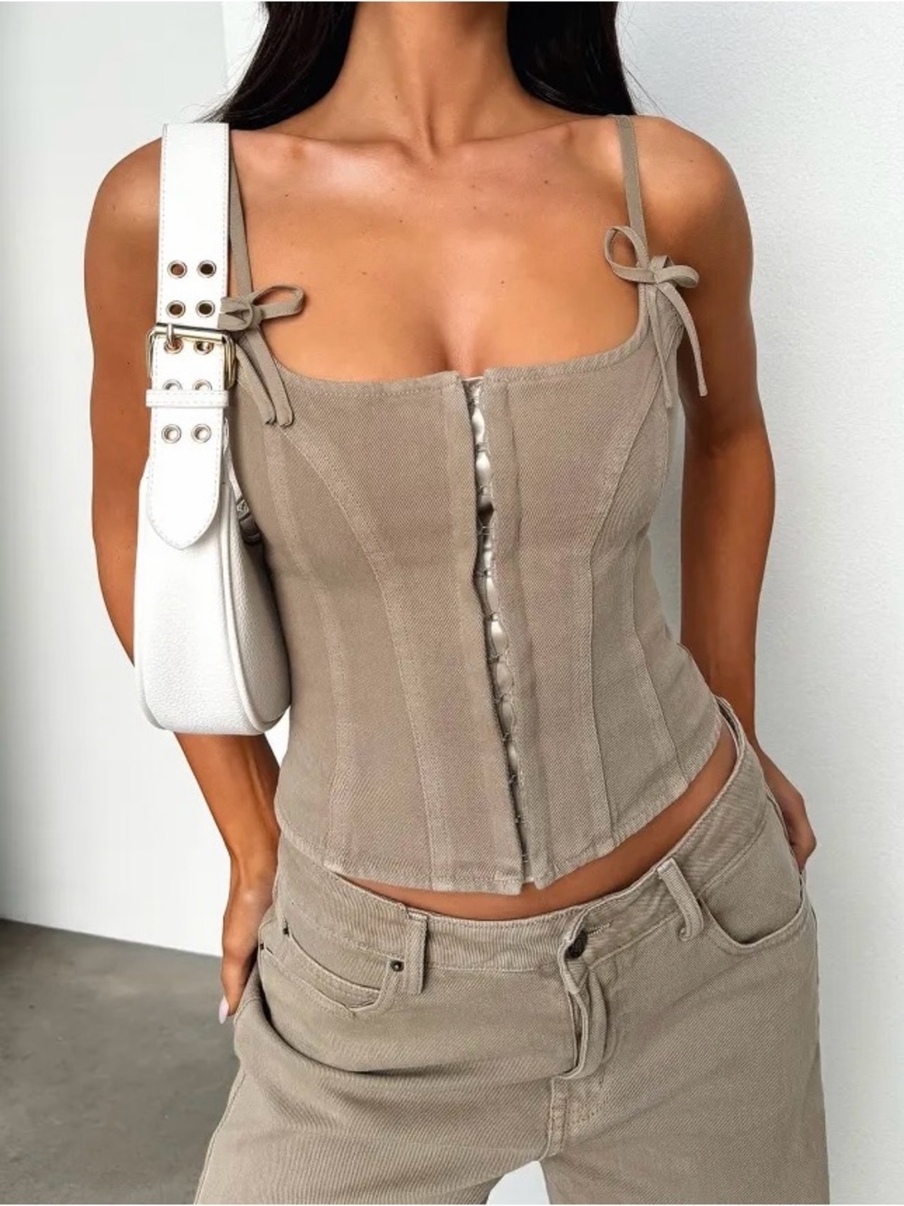 Lioness Charismatic Denim Corset - Stone / Khaki Beige - NWOT - XS